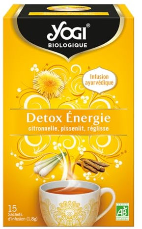Yogi Biologique Détox Energie, Infusion 100% Bio Citronnelle, Pissenlit Et Réglisse, 15 Sachets Thermosoudés Et Sans Agrafe, 21.6 G, 310216