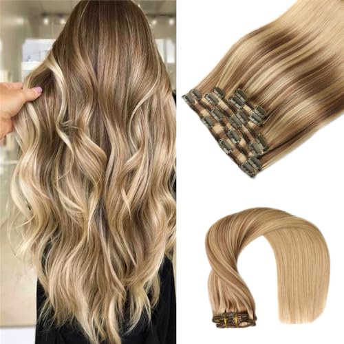 VINBAO Clip in Extensions Ombre Balayage Farbe 10/16 Goldbraun bis Dunkelblond Hautschuss Haarverlängerungen Clip in Extensions Echthaar 16 Zoll 100g 6Stück (#10/16/16,40cm)