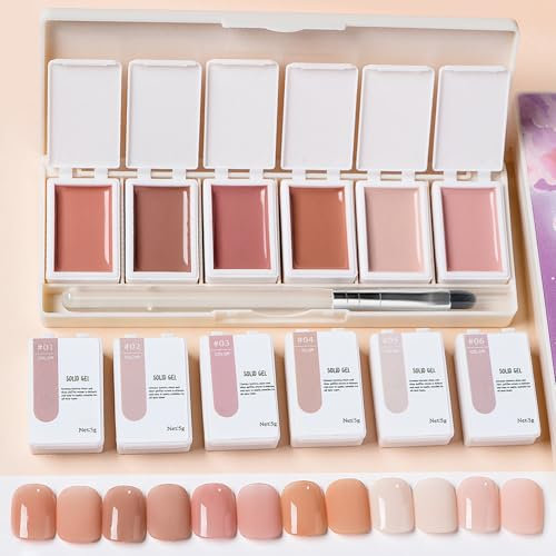 Solid Builder Gel for Nails, 6 Color Gel Nail Polish Set, Hard Gel Nail Extension Kit, UV/LED Nude Pink Builder Nail Gel for Nail Art Salon, Sculpting, French Manicure DIY at Home