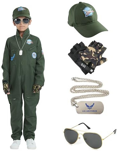 Udekit Piloten kostüm für Kinder, Kampfflugzeug Pilot Cosplay Kostüm mit Mütze, Brille, Handschuhen, Anhänger für Halloween Karnevals Party für Kinder 4 bis 6