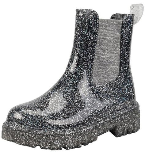 Harssidanzar Donna Stivaletti Pioggia Impermeabili Chelsea Boots,Stivali da pioggia antiscivolo e scarpe da giardino per donne con solette confortevoli HL211EU,Nero scintillante,Taglia 39