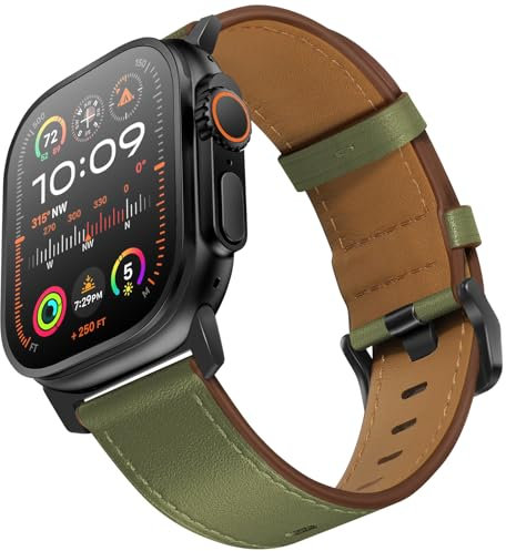 UUPWPOKT Compatible con Apple Watch Ultra 2/1 Band de 49 mm, 46 mm, 45 mm, 44 mm, 42 mm, correa de piel auténtica para iWatch Ultra Series 10, 9, 8, 7, 6, 5, 4, 3, 2, 1, SE, verde militar/negro