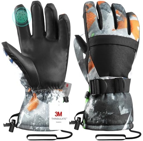 Guantes de esquí impermeables con pantalla táctil para esquí y snowboard, unisex para hombre, mujer y niño con correa de muñeca