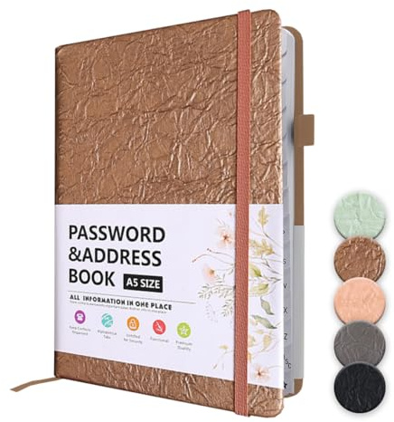 WWYSSZ Passwortbuch mit Alphabetischen Tabs, Adressbuch B6 (19*13 cm,Braun) | mit Register A-Z Passwörter Notizbuch Passwort Manager, Platz für 480 Passwörter, mit Stiftschlaufe, Innentasche,Gummiband