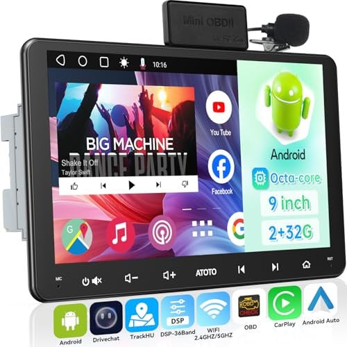 ATOTOEXCEL A6PF 9 inch Android Double Din Car Stereo With OBD Scanner, Wireless CarPlay & Android Auto Touchscreen DAB+ Radio, 8Core CPU 2G+32G, WiFi/BT/USB Tethering, GPS Track, Dual Bluetooth