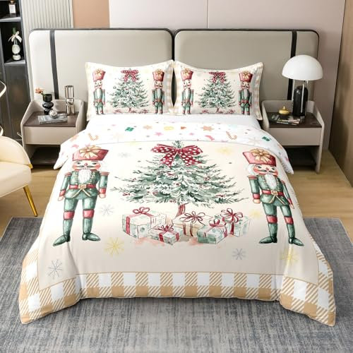 Christmas Trees Pure Cotton Duvet Cover Super King,Christmas Nutcracker Soft Bedding Set,Yellow Plaid Nutcracker Comforter Cover Bedding 3 Pcs,Winter Xmas Holiyday Quilt Cover,2 Pillowcases