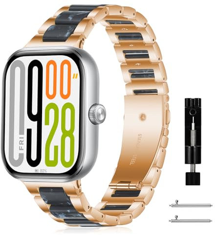 MaEiol Cinturino Metallo Resina per Xiaomi Redmi Watch 5/4 / Xiaomi Smart Band 9 Pro/8 Pro, Cinturino Acciaio Inox Metallo Ricambio per Uomini Donne - Oro rosa + Blu
