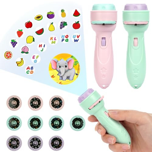 HOTUT Lampe Torche et Projecteur Animaux, 2 PCS Jouet Lampe de Poche Projecteur Histoire, Mini Projecteur Histoire Enfant avec 20 Disques 160 Images, Jouet Éducatif pour Garçons Et Filles-Vert+Rose