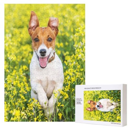 300 Pieces Jigsaw Puzzles Wooden Jigsaw Toy Family Game for Adults Teens,Jack Russell Flower Meadow
