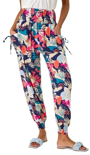 Roman Originals Wave Print Stretch Hareem Trousers for Women UK - Ladies Everyday Holiday Spring Summer Comfy Soft Evening Vacation Work Party - Navy Abstract - Size 10