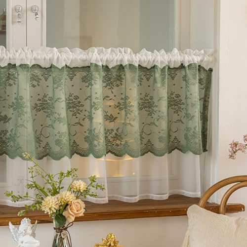 HiSnug Grün Scheibengardinen Bistrogardine für Gardinen Kurz Halbtransparente Küchengardinen für Fenster Küche Wohnzimmer, Vintage-Spitze, Doppellagig überzogen, H60 x B100 cm - 1 Stück