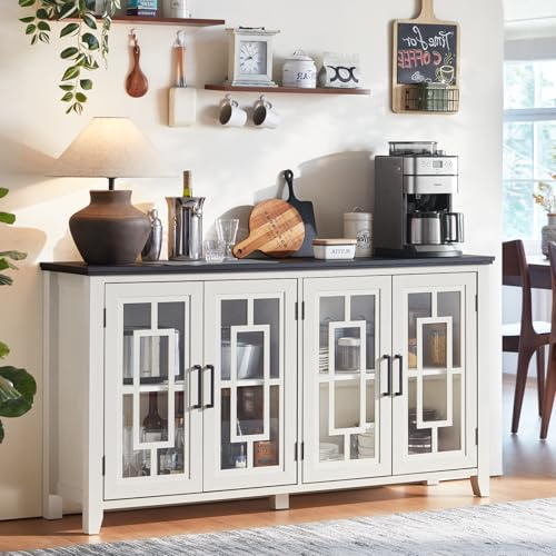 LELELINKY Large Sideboard Buffet Cabinet Storage with 4 Glass Doors | White, 160cm W, Farmhouse Credenza, Adjustable Shelves Console Table, Wood Kitchen Coffee Bar for Dining/Living Room