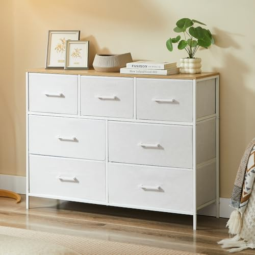 CASABEL Commode 7 tiroirs en Tissu Rigide, Cadre métal Blanc et Plateau en Bois, Pratique et Polyvalente, Meuble de Rangement 100x30x75cm idéal pour la Chambre, Le Salon ou l’entrée