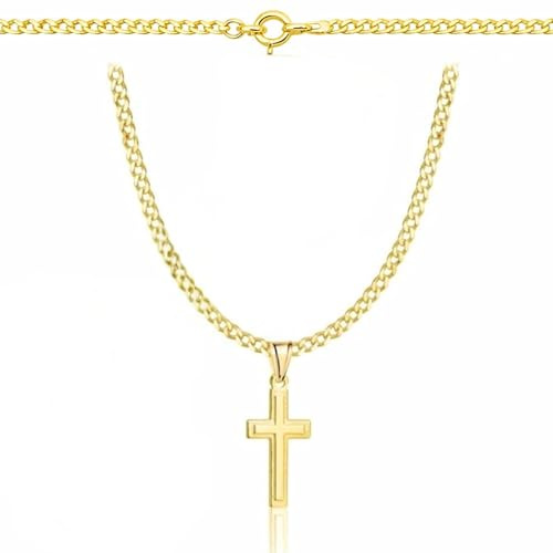 ZELYA Gold kette mit kreuz- vergoldete 925/585 14K Silber Panzerkette für Mädchen & Jungen – 45 cm Kommunionkette mit Kreuz, Kinderkette zur Kommunion & Taufe, Geschenkbox mit Gravur