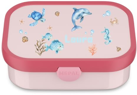 Mepal Brotdose Kinder personalisiert, Lunch Box mit Fächern, Brotzeitdose Campus mit Name bunter Aufdruck Unter Wasser (pink)