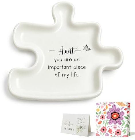 Auntie Gifts from Niece Nephew, Birthday Thank You Keepsake for Best Aunt | White Ceramic Jigsaw Puzzle Trinket Dish for Jewellery, Birthday Christmas House Warming Gifts for Auntie, Small Home Decor