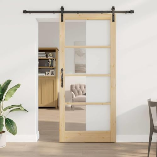Runheo Puerta corredera ORKDAL de madera maciza de pino y cristal 93 x 211 cm negro y natural, interior, con riel deslizante, resistente puerta principal para salón, dormitorio, cocina y garaje