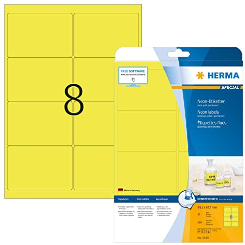 HERMA 5144 Farbige Etiketten neon gelb, 20 Blatt, 99,1 x 67,7 mm, 8 pro A4 Bogen, 160 Stück, selbstklebend, bedruckbar, matt, blanko Papier Neon-Etiketten Farbaufkleber
