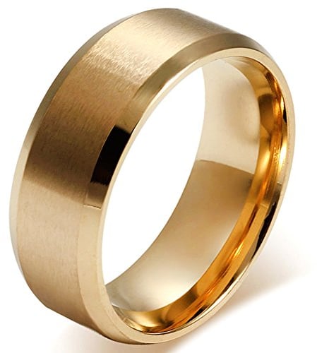JewelryWe Schmuck 8mm Herren Ring, Polished Ehe-Verlobungs Eheringe Partnerringe Edelstahlring, Gold Bandring Größe 52 mit Geschenk Tüte