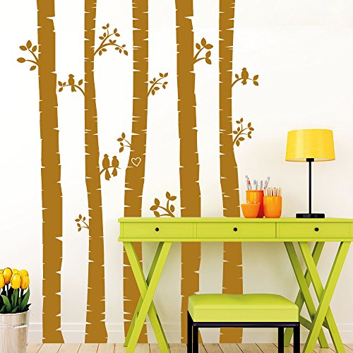 Wandtattoo-Loft Wandaufkleber Birken Stämme“ Bäume mit kleinen Zweigen und Vögeln - Wanddekoration / 49 Farben / 3 Größen/schwefelgelb / 1,80 x 1,25 m (HxB)