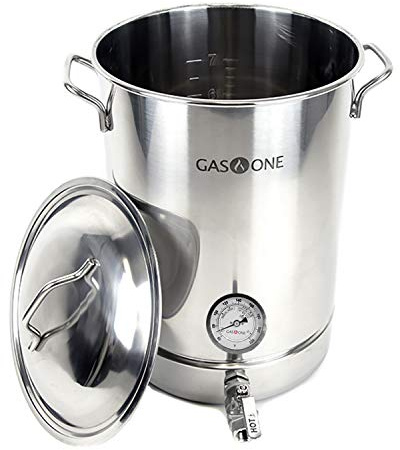 Gas One, BS-32 GasOne Edelstahl-Wasserkochtopf, vorgebohrt, 4-teiliges Set, 32 Quart dreilagiger Boden für Bier, inklusive Deckel, Thermometer, Kugelhahn-Zapfhahn