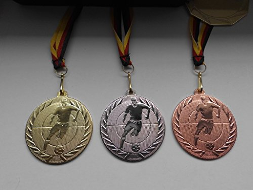 Fanshop Lünen 3 Stück Medaillen - aus Stahl 50mm - Fußball - Ball - Gold - Silber - Bronze - Fussball - Medaillenset - mit Medaillen-Band - (e4011)