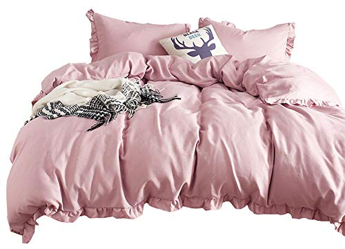 Lanqinglv 2tlg Bettwäsche Rüschen 135x200 Rosa Altrosa Einfarbig Uni Romantisch Wende Mikrofaser Bettbezug Set mit 1 Kissenbezug 80x80