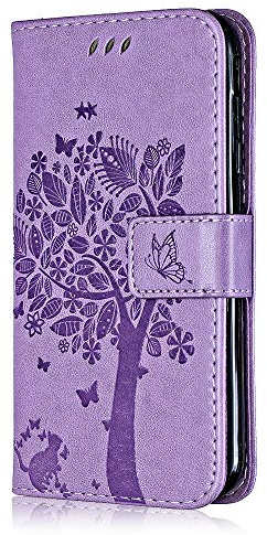 Conber Hülle für Huawei P8 Lite 2017, PU Leder Tasche Flip Case Lederhülle Handyhülle, Vintage Katze und Baum Schutzhülle für Huawei P8 Lite 2017 - Lavendel