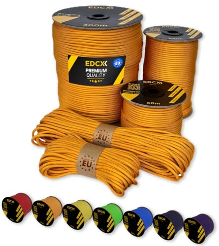 EdcX Paracord 4 mm, 35+ Volltonfarben (10 m, 15 m, 30 m, 50 m, 100 m, 300 m) | Ideal zum Basteln, Camping, Outdoor | 100% Nylonseil 4 mm| Taktische Schnur 550 Typ III (Orange Yellow, 50 m)