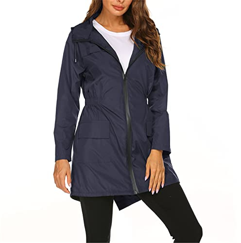 SotRong Vêtement de pluie coupe-vent, léger et pliable pour femme, capuche, pour la marche, le camping, bleu marine, L