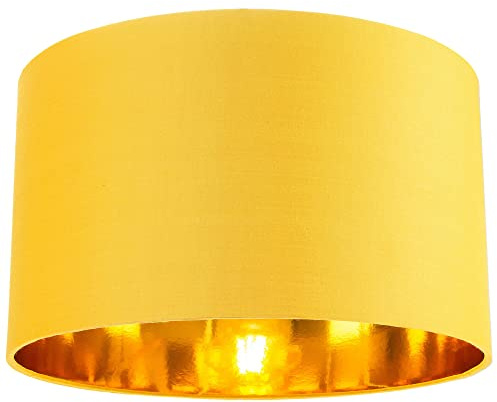 Contemporary and Chic Ochre Cotton 14 Table, Floor or Pendant Circular Drum Lamp Shade with Shiny Gold Inner - 60watt Maximum by Happy Homewares
