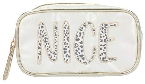Depesche 10861-041 TOPModel - Kosmetiktasche, weiß mit Statement Bestickung NICE verziert, ca. 19 x 10 x 5,5 cm groß, zum Verstauen von Schmink- und Kosmetikartikeln
