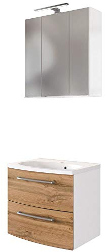 Lomadox Badmöbel Waschtisch-Set mit Unterschrank 60cm in Wotaneiche, weiß, LED-Spiegelschrank, B/H/T ca. 60/200/48 cm