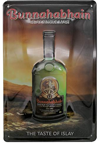 Retro Whisky Blechschild passend für BUNNAHABHAIN Single Malt Scotch Liebhaber und Genießer - geprägtes Blechschild für Schottland Fans, 30 x 20 cm