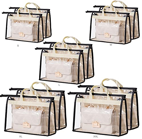 VASZOLA 10 Stück Transparente Handtaschen-Aufbewahrungstasche, Staubschutzbeutel, 5 Größen, transparent, mit Reißverschluss und Griff für Schrankregale (Schwarz + Beige)