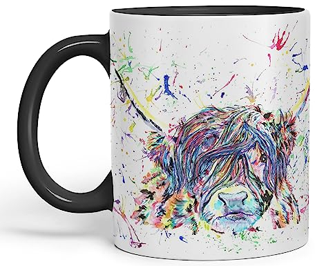 Vixar Tasse colorée en forme de vache des Highlands écossais, aquarelle, arc-en-ciel, idée cadeau, anniversaire, travail, bureau, thé et café (noir)