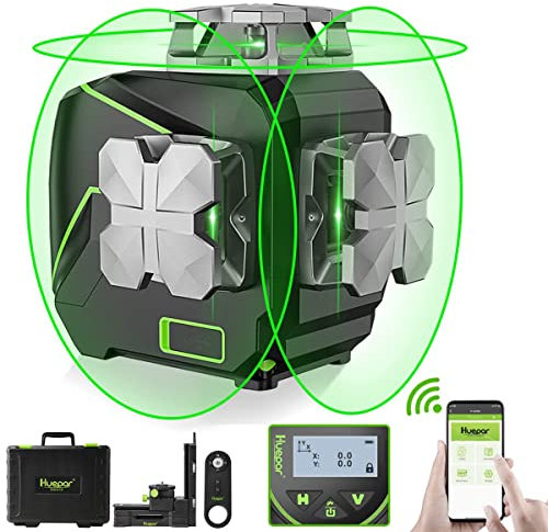 Huepar 3D Laser Level with LCD Screen 3x360°Bluetooth Connected Green Beam Cross Line Laser Level Tool -360° Horizontal/Vertical Line -Remote Control&Hard Carry Case S03CG