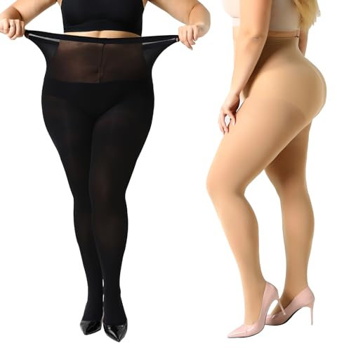 Yilanmy Strumpfhose Damen Größen Große 2 Paar 70 DEN Blickdichte Übergröße Nylonstrumpfhose (XL-1 Paar Schwarz+1 Paar Hautfarben)
