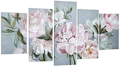 HOMCOM Stampa su Tela con Peonie, 5 Pezzi per Casa e Ufficio, Tela in Legno di Pino e Vernice ad Acqua, 200x100cm, Multicolore