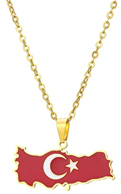 YUANYIRAN Türkei Karte Flagge Anhänger Halskette - Tropföl Karte Geometrischen Ethno-Stil Unisex Paar Schlüsselbeinkette Patriotische Flagge Hip Hop Charm Schmuck Für Modegeschenk,Gold,50Cm/19.6 In