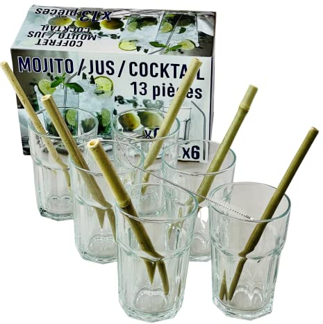 Lebrun Couverts - Coffret Mojito - 6 Verres Mojito - 6 Pailles Bambou - 1 Goupillon - Verre Cocktail - 36,5 cl - Kit Cocktail - Verre avec Paille Inclus - Paille Réutilisable