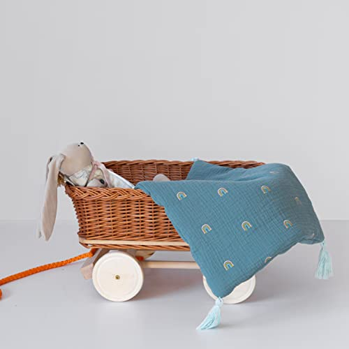 Weidenwagen Lauflernwagen aus Weide und Holz Puppenwagen Puppenbett für Mädchen und Jungen mit Bettzeug geflochten Geschenk Spielzeug Korbpuppenwagen Kinderwagen Bett für Puppen (Natur)