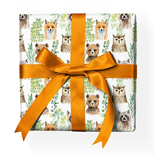 Niedliches Kinder Geschenkpapier Set mit frechem Waschbär Fuchs Wald-Tieren Dekor-Muster-Papier zum verpacken, Geschenk einpacken, scrapbooking, basteln grün Format: 32 x 48cm, 4 Bogen