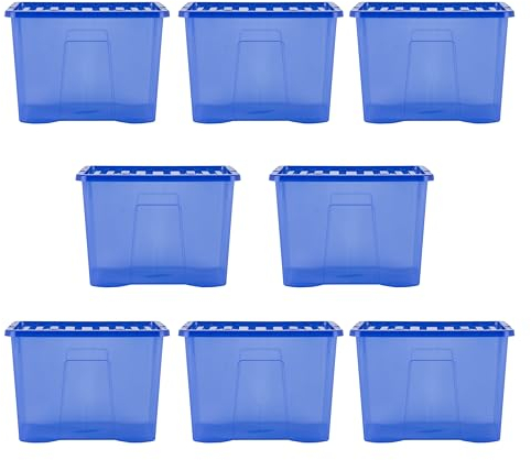 Wham Crystal 8x 80L Plastic Storage Boxes with Lids. Large, Strong (Pack of 8, 80 Litre) Made in the UK (Tint Spectrum Blue)