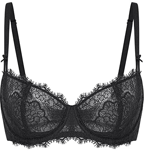 DOBREVA Damen Dirndl BH Push Up Balconette Spitzen BHS Sexy Durchsichtig Große Größen mit Bügel Schwarz 75A