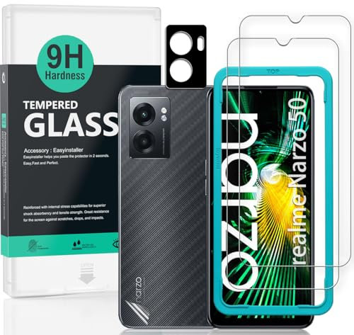 Ibywind Protecteur d'écran pour realme Narzo 50 5G(6.6),avec 2 pièces en Verre trempé,1 Protection d'objectif d'appareil Photo,1 Film en Fibre de Carbone[Pas de Bulles]