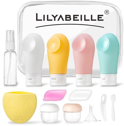 LilyAbeille Silikon Reiseflaschen zum Befüllen 89ml, 13 Stück Reiseflaschen Set mit Saugnapf, Reisegröße Behälter, Leak-Proof BPA-frei, durchscheinend