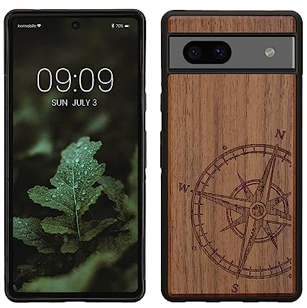 kwmobile Custodia Compatibile con Google Pixel 7a Cover - Back Case in Legno con Bumper in Silicone TPU - Bussola vintage marrone scuro