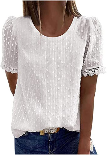 AMhomely Summer Tops for Women UK Chiffon Blouse Casual T-Shirt Rounk Neck Short Sleeve Lace Blouse Solid Color Loose Pullover Tops Elegant Tunic Tops Ladies Henley T-Shirt Basic Tops