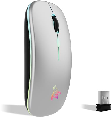 TQQ Raton Inalambrico Recargable, Ratón Retroiluminado de 7 Colores con Mini Receptor USB de 2,4 GHz, Raton Gaming, Compatible con Laptop, PC, Ordenador, Chromebook, Notebook y iPad, etc